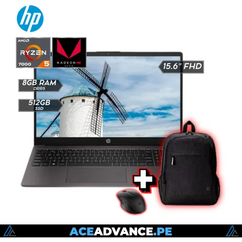 LAPTOP HP 255 G10 -  RYZEN 5 7520U | 8GB DDR5 5200MHz | 512GB SSD | 15.6" HD CON MOCHILA Y MOUSE