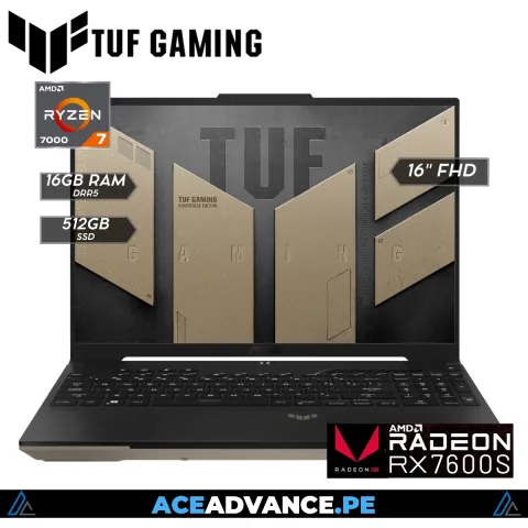 LAPTOP ASUS TUF A16 ADVANTAGE EDITION FA617NSR-MS73 GAMING - RYZEN 7 7435HS 512GB SSD 16GB 16" WUXGA FHD 165Hz IPS WIN11 RX 7600S 8192MB SANDSTORM