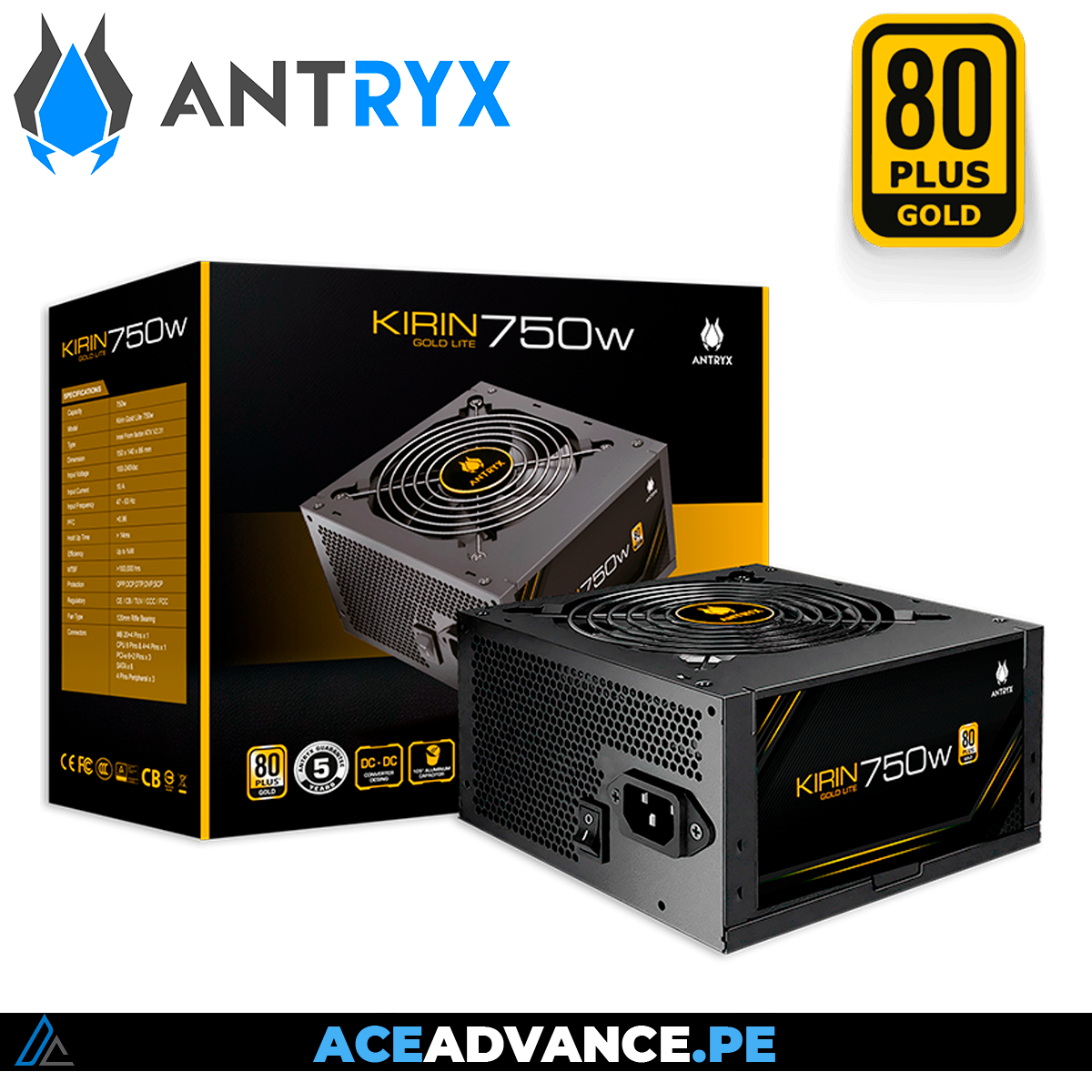 FUENTE DE PODER ANTRYX 750W KIRIN GOLD LITE 80+ GOLD